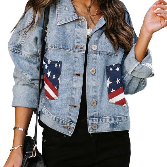 Blue and Red Jean Jacket with Patriotic Flair - Picture 1 of 1